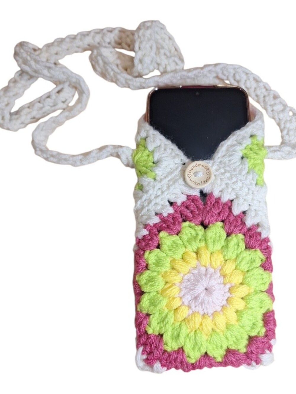 Handmade Crochet Phone Crossbody - White, Pink, Green
